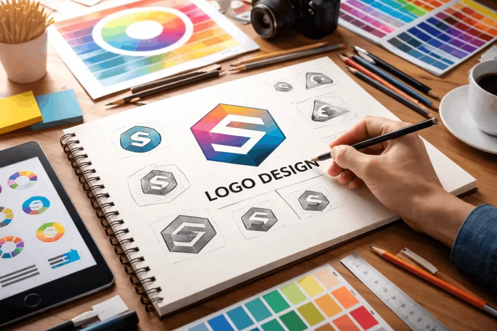 High-quality logo design and visual branding process at North Digital, featuring minimalist geometric logo sketches, professional color swatches, and high-impact graphic design tools.